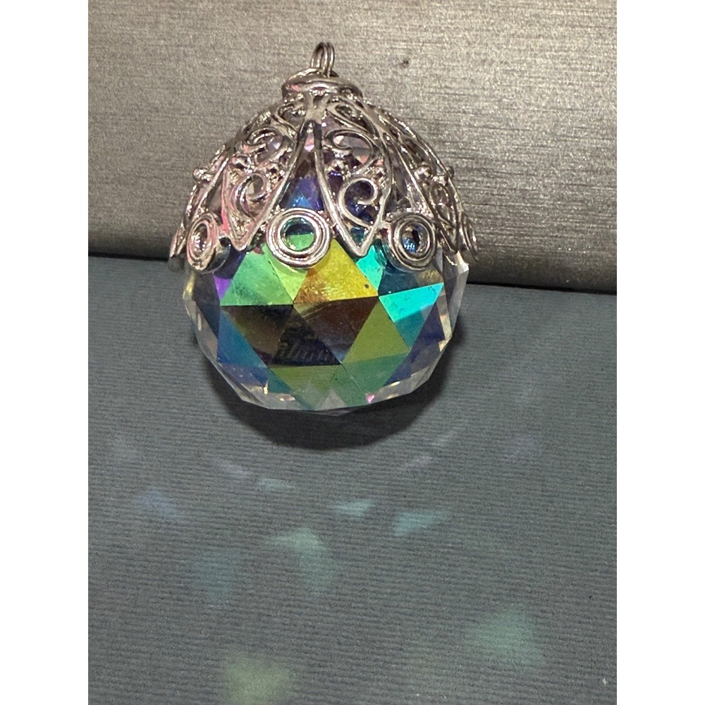 Large Iridescent Faceted Glass Pendant Silver Tone Filigree Accents Heavy